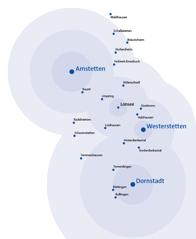 Stilisierte Karte mit Amstetten Westerstetten Dornstadt Lonsee und umliegenden Orten